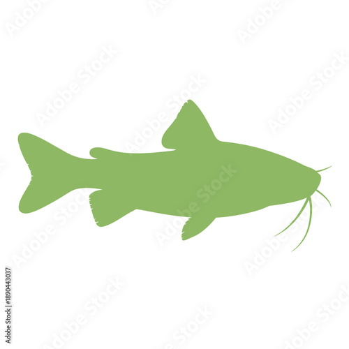 A simple green silhouette of a catfish facing to the right