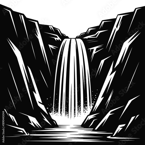 Dramatic black and white illustration of a powerful waterfall cascading down rocks