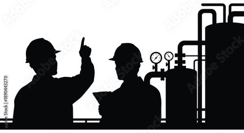 Two workers in hard hats discuss operations amidst industrial machinery depicted as a striking black silhouette high quality professional detailed modern