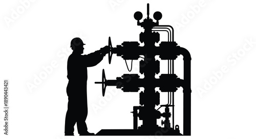 A worker in protective gear operates complex machinery depicted as a stark black silhouette high quality professional detailed modern elegant stylish