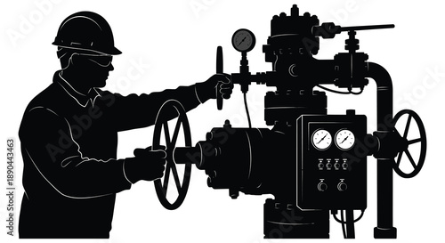 A worker in protective gear operates industrial machinery with valves and gauges presented as a stark silhouette high quality professional detailed
