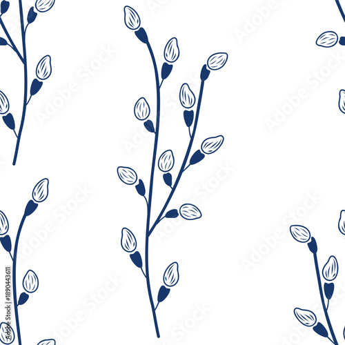 Pussy willow branch silhouette, graphic seamless pattern. Hand drawn vector isolated illustration. For Easter and seasonal designs, greeting cards, travel magazines, garden goods, nature clip arts.