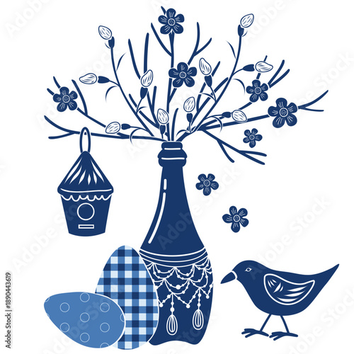 Easter eggs checkered pattern, willow branches, bird feeder glass bottle silhouette, graphic template Hand drawn vector illustration For spring and seasonal designs, greeting cards, holiday clip arts.