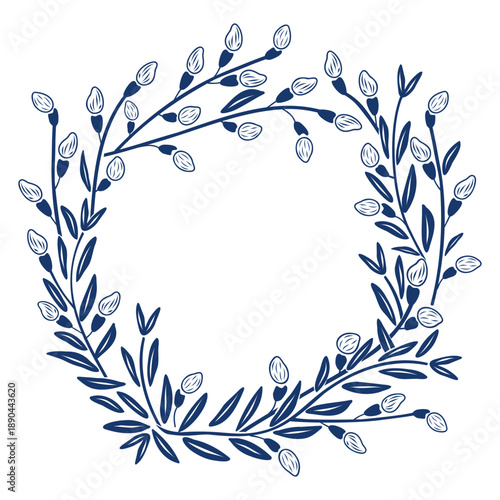 Easter wreath from willow branches and leaves silhouette, graphic template. Hand drawn vector illustration. For spring and seasonal designs, greeting cards, holiday clip arts.