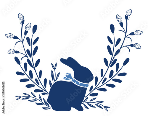 Easter cute bunny with checkered bow, pussy willow branches, leaves silhouette, graphic template. Hand drawn vector illustration For spring and seasonal designs, greeting cards, holiday clip arts.