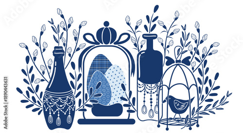 Easter still life eggs willow branches, bird glass cloche and bottles silhouette, graphic template. Hand drawn vector illustration. For spring and seasonal designs, greeting cards, holiday clip arts.
