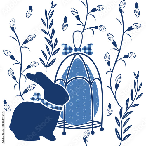 Easter egg in cage, bunny with checkered bow, pussy willow branches silhouette, seamless pattern. Hand drawn vector illustration. For spring and seasonal designs, greeting cards, holiday clip arts.