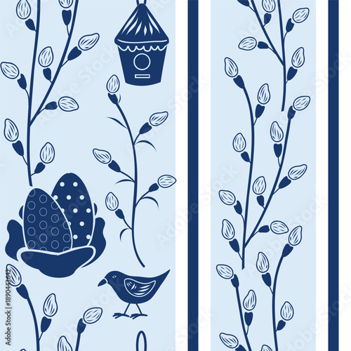 Easter eggs, pussy willow branches, bird feeder silhouette, striped seamless pattern. Hand drawn vector illustration. For spring and seasonal designs, greeting cards, holiday clip arts.