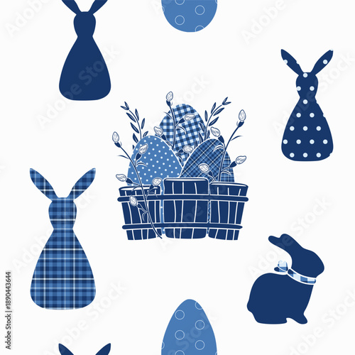 Easter eggs, pussy willow branches, fence, bunnies silhouette, seamless pattern. Hand drawn vector illustration. For seasonal designs, greeting cards, holiday magazines, fair goods, nature clip arts.