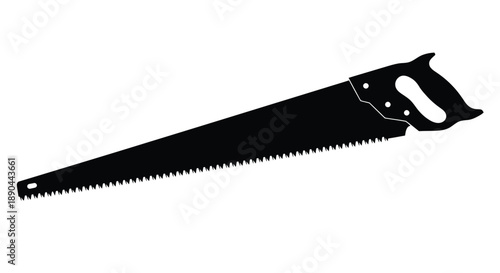 A black silhouette of a hand saw against a white background silhouette