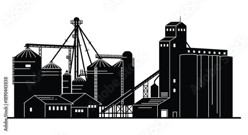 A striking black and white illustration depicts an industrial complex with grain elevators and machinery presented as a silhouette high quality