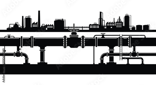 A striking black and white cityscape with industrial elements and prominent pipeline infrastructure depicted as a silhouette high quality professional detailed