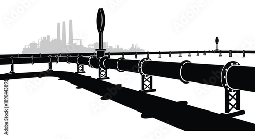 A stark black silhouette depicts an industrial pipeline network extending towards a distant city skyline silhouette high quality professional detailed modern