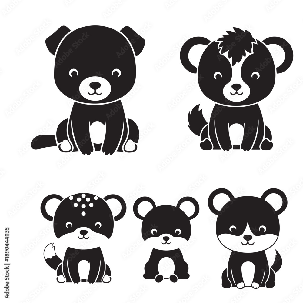 Obraz premium Cute Animal Vector Silhouette Black and WhiteAdorable Animal Illustration Set VectorMinimal Cute Animal Shape Black White Vector