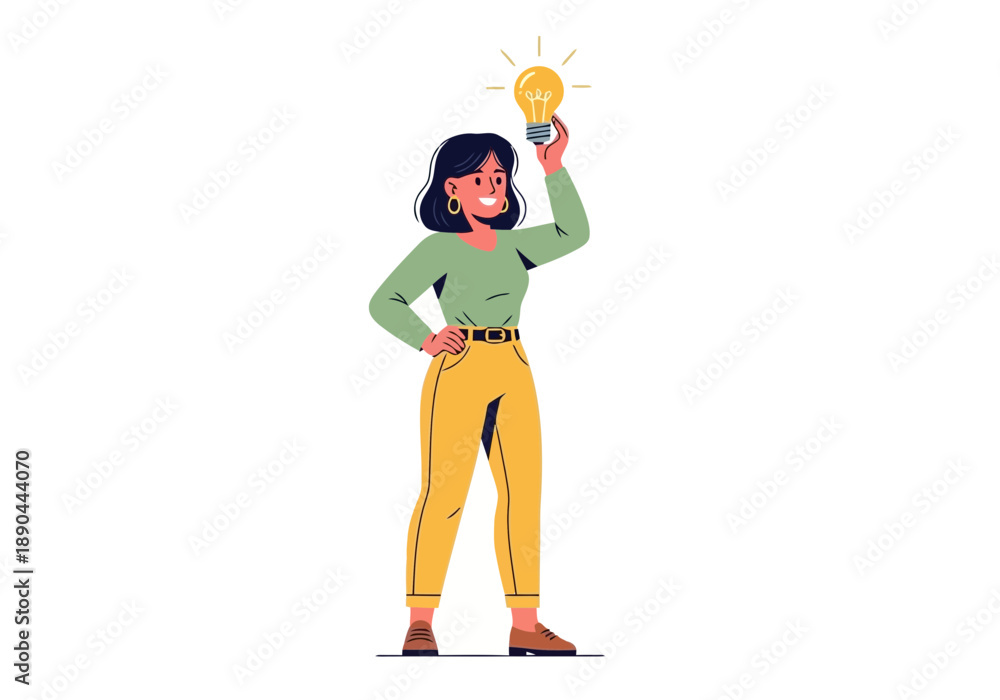 Naklejka premium A cartoon woman having an idea with a lightbulb