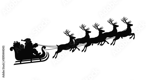 Santa claus and reindeer flying in a sleigh silhouette