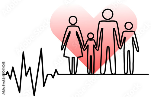 Family health and insurance concept with heartbeat line and heart, minimalist line art. Minimalist illustration of family holding hands with heart symbol and pulse wave.