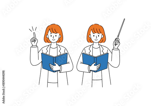 Two female scientists or teachers with books and teaching tools