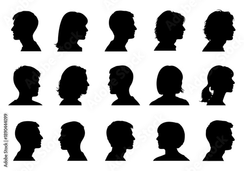 Collection of black silhouette profiles of people