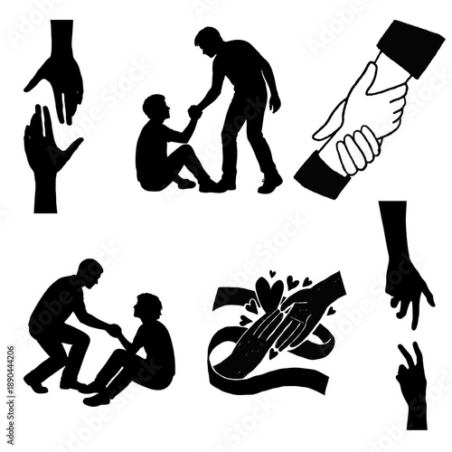 Helping hands collection symbolizing support, teamwork, care, unity, compassion, cooperation, community, and connection