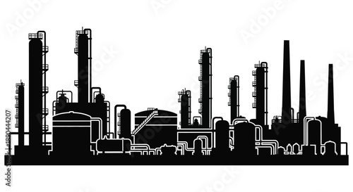 A stark black silhouette of an industrial complex featuring smokestacks and refinery structures against a white background silhouette high quality professional