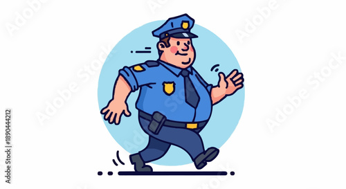 Cartoon Police Officer Running Uniform Hat Badge Duty.