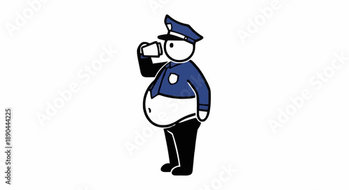 Cartoon Police Officer with Large Belly Holding Binoculars.