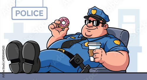 Cartoon Policeman Relaxing with Coffee and Donut.