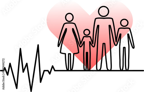 Family health and insurance concept with heartbeat line and heart, minimalist line art. Minimalist illustration of family holding hands with heart symbol and pulse wave.