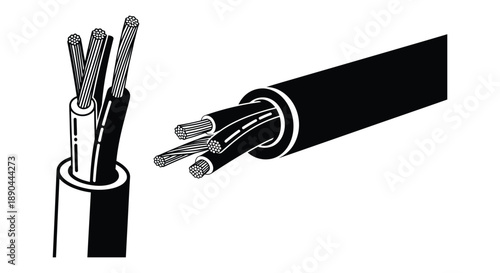 Detailed illustration of a cut cable revealing inner wires showcasing a stark black silhouette high quality professional detailed modern elegant stylish
