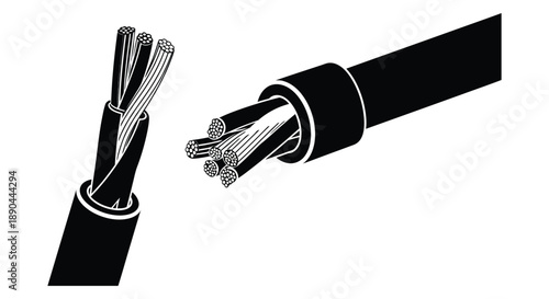 A detailed illustration depicting a cut electrical cable revealing internal wires in stark black silhouette high quality professional modern elegant stylish