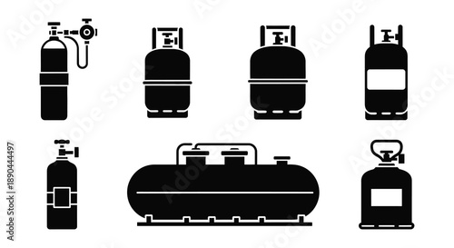 A collection of black gas tank and cylinder icons displayed in a simple graphic style silhouette high quality professional detailed modern