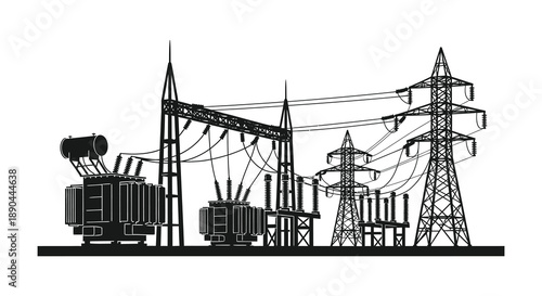A stark depiction of an electrical power station and transmission towers in a bold black silhouette high quality professional detailed modern