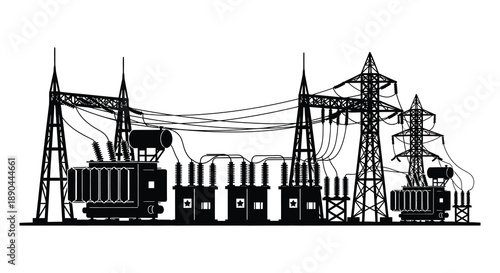 A stark black silhouette depicts an electrical power station with transmission towers and transformers representing energy infrastructure silhouette high quality professional