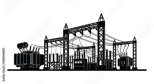 A detailed black and white illustration depicts an electrical substation with prominent towers and transformers presented as a silhouette high quality