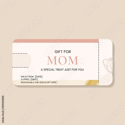 A gift card with a 'GIFT FOR MOM' design on a beige background, featuring a white and pink color scheme with a heart outline.