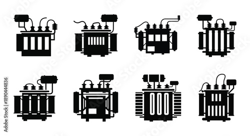 A collection of electrical transformers depicted in a stark black graphic style presented as a repeating pattern silhouette high quality professional