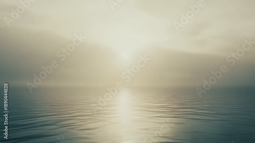 Calm tranquil water surface reflecting a bright ethereal misty light in the distance under a subdued sky, creating a peaceful and soft atmospheric scene with gentle ripples