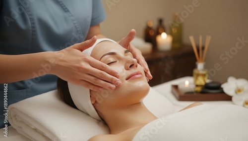 Serene Woman Enjoying a Luxurious Facial Massage at Spa.