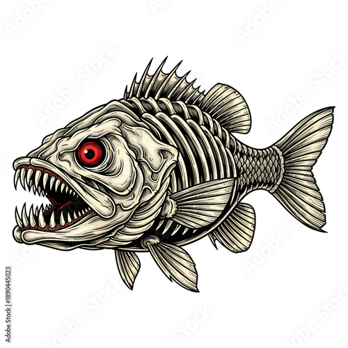 skeleton bass fish illustration with red eyes and sharp teeth for fishing mascot design