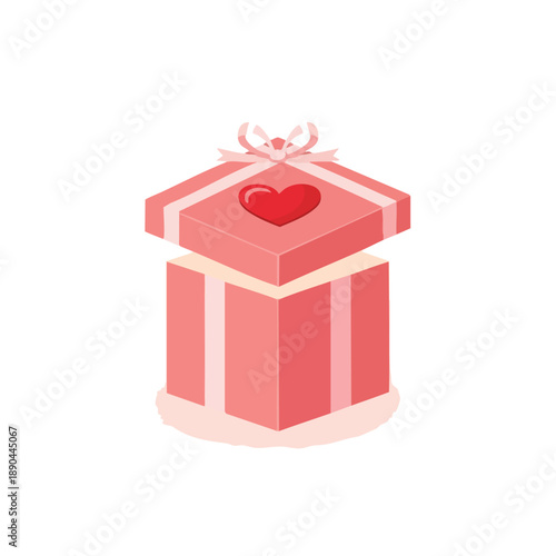 Flat illustration of a pink gift box with a red heart on the lid, wrapped with a ribbon, against a clean white background.