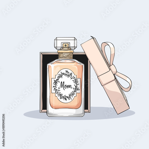 Illustration of a perfume bottle in a gift box with a tied ribbon on a plain background.
