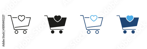 Shopping Cart With Heart Line And Solid Icon Set. E-Commerce, Customer Loyalty, And Favorite Products Outline And Silhouette Symbol. Online Shopping Experience. Isolated Vector Illustration