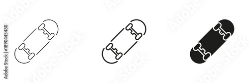 Skateboard Line And Solid Icon Set. Skateboarding, Extreme Sports, And Urban Culture Outline And Silhouette Symbol Collection. Recreational Activity And Lifestyle. Isolated Vector Illustration