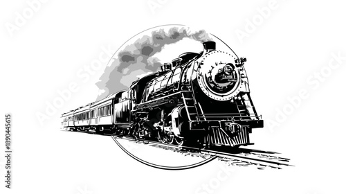 Classic Steam Train Illustration Moving on Tracks with Smoke, Vintage Locomotive, Black and White Retro Style Vector Art