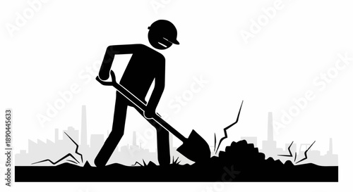 Construction worker digging with shovel in cracked ground silhouette.