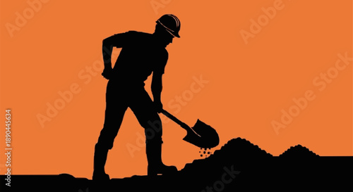 Construction worker digging with shovel silhouette against orange background.