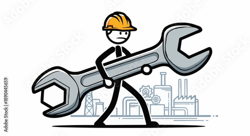 Construction worker holding a large wrench with factory background.