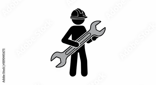 Construction Worker Holding Large Wrench Icon.