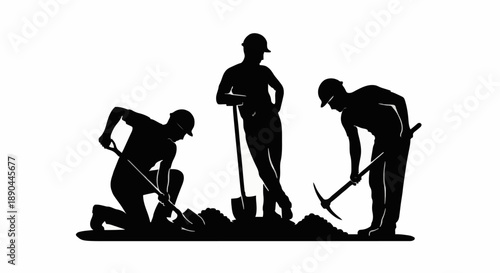 Construction workers digging and working with tools.